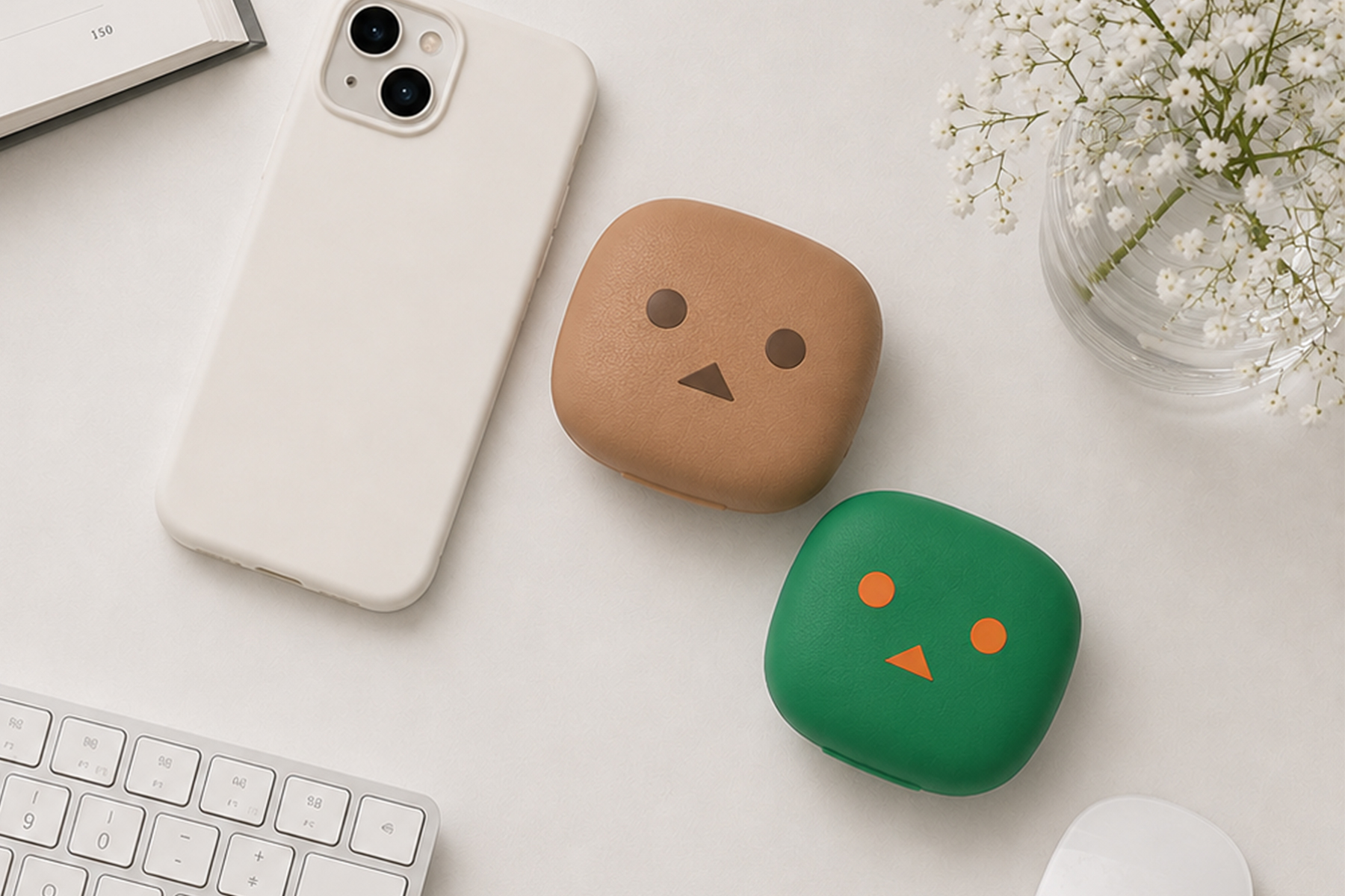 デスクに並んだ Smart Pro Danboard ver. の充電ケース。ブラウンとグリーンの2色